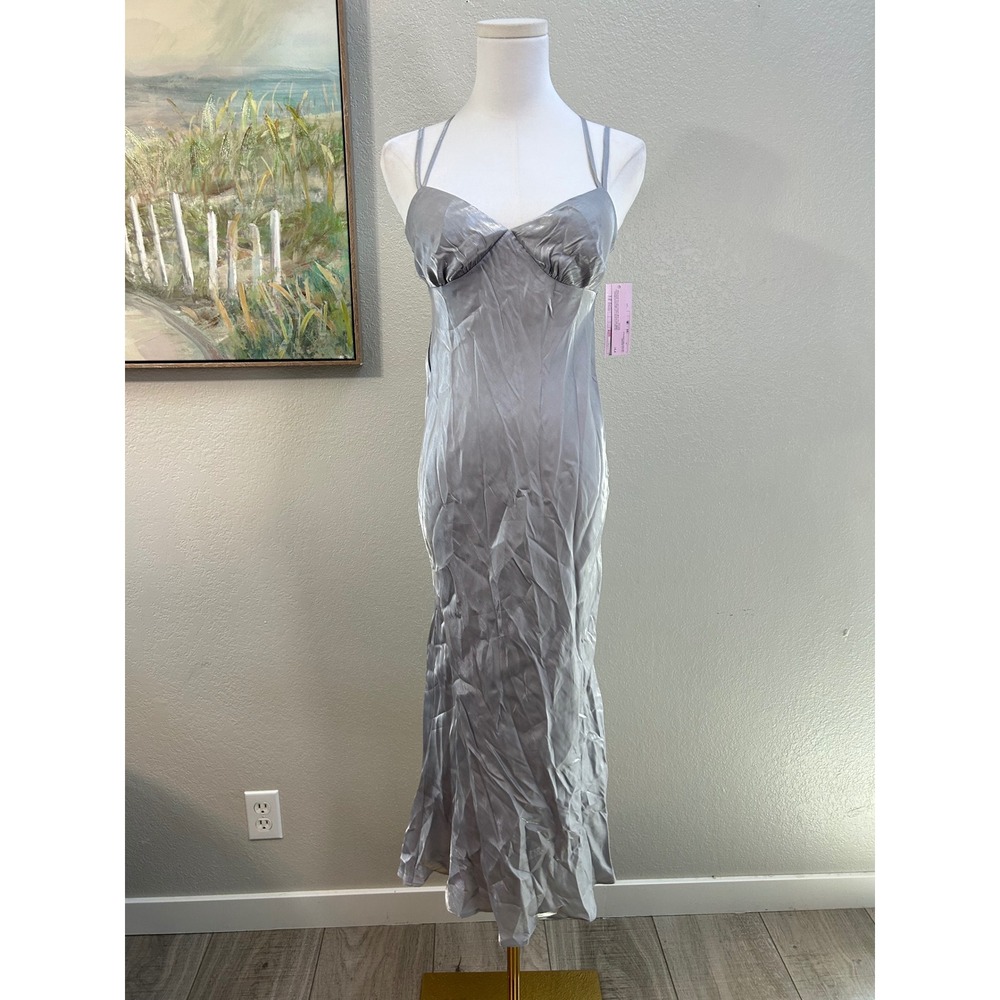 Sage Green Floral Satin Maxi Dress Cowl Neck Lace Up Open Back Size Medium